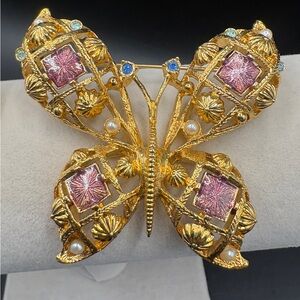 Vintage AvonButterfly Brooch Faux Pearl Purple Blue Crystal Gold Tone Signed Pin